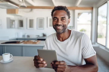 Fotobehang Portrait of cheerful African American businessman in casual clothes with smartphone and cup of coffee. Happy smiling mature man, successful entrepreneur or employee working in office or coworking cafe © Georgii
