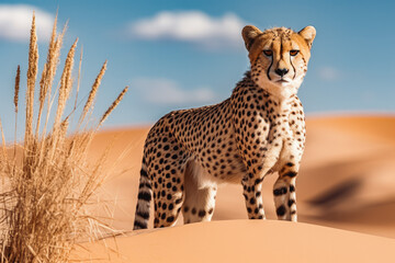 Cheetah in dunes. Majestic cheetah in nature. Cheetah wild animal photography. African dunes desert wildlife cheetah big cat predator.