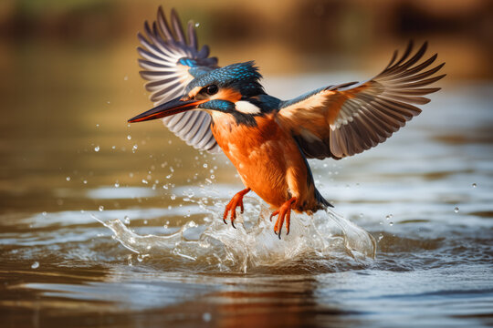 Female kingfisher emerging from water after catching fish in water. Wildlife photography majestic kingfisher bird in the wild nature.