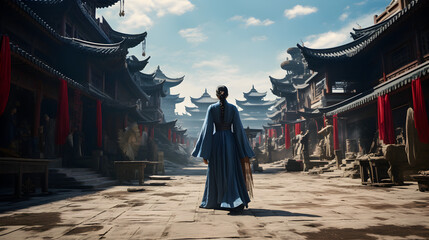 A woman wearing traditional ancient Chinese attire strolls along a quiet street in an old-town setting with classic Chinese architecture. - obrazy, fototapety, plakaty
