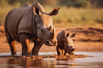 Schilderijen op glas Mother and baby rhino getting ready to drink from a shallow river or puddle. Wildlife photography of rhinoceros family in african desert. © VisualProduction