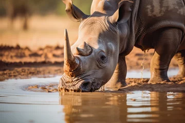 Fotobehang Mother and baby rhino getting ready to drink from a shallow river or puddle. Wildlife photography of rhinoceros family in african desert. © VisualProduction