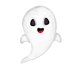 Cartoon cute little ghost smiling white body On a happy Halloween party.
