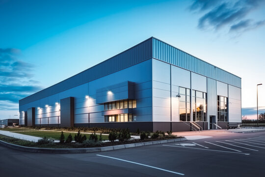 Fototapeta Modern logistics warehouse building structure. Big modern building for storage or logistics centre. Blue sky in the background.