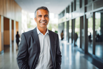 Fototapeta premium Successful mature hispanic man walking in business building. Mature confident black business man in business environment building.