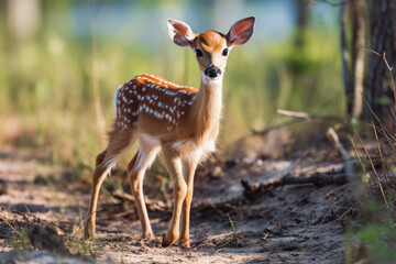 White tailed deer fawn with hind on natural trail. Wildlife photography of white tailed deer baby looking at camera. Caught in the wild.
