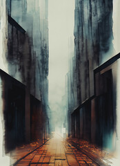 illustrazione di solitario vicolo, stradina fiancheggiato da alti grigi edifici - obrazy, fototapety, plakaty