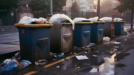 Overflowing trash cans polluting a street in the city - obrazy, fototapety, plakaty