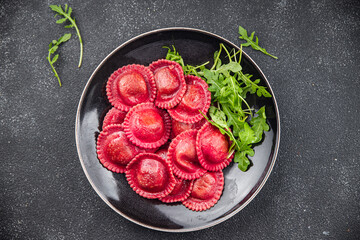 ravioli beetroot pasta red beet plate appetizer meal food snack on the table copy space food background rustic top view