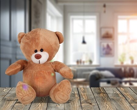 Soft bear plushie toy on desk, AI generated image