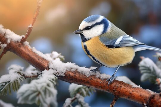 Bird Blue Tit in forest, snowflakes and nice lichen branch.