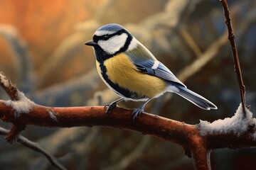 Obraz premium Bird Blue Tit in forest, snowflakes and nice lichen branch.