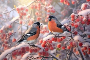 Foto op Plexiglas The bullfinch bird sits on a bunch of red rowan berries, © Irina