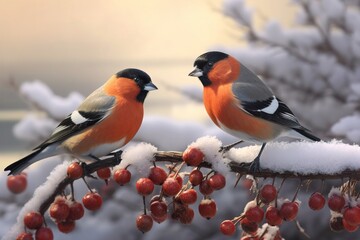 The bullfinch bird sits on a bunch of red rowan berries, - Powered by Adobe