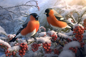 The bullfinch bird sits on a bunch of red rowan berries,