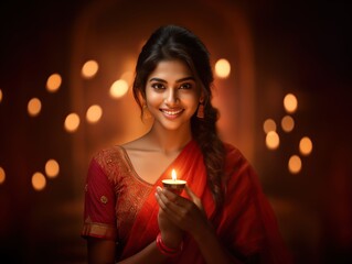 Beautiful smiling indian girl holding diwali candle, diwali day celebration 