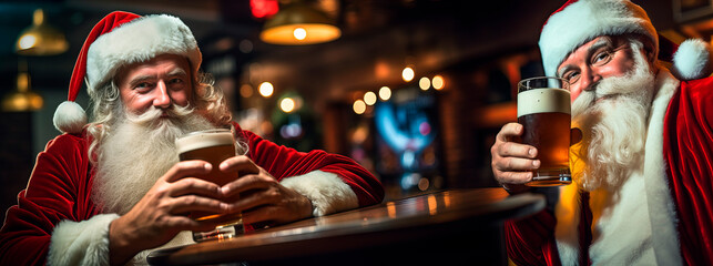 two santa claus relax in the pub drinking a beer, selfie