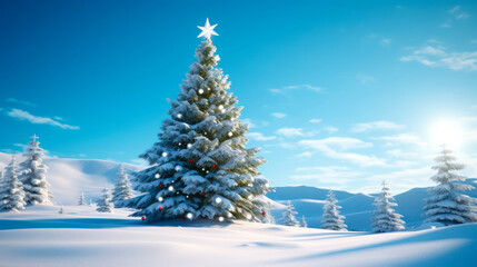 Fototapeta premium lighted isolated christmas tree in idyllic white snowy landscape, greeting card banner concept with copy space for december holiday season, christmas background