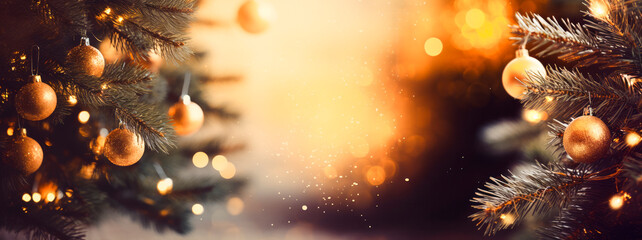 Festive winter christmas festive background with christmas tree christmas ornaments and background with blurred bokeh