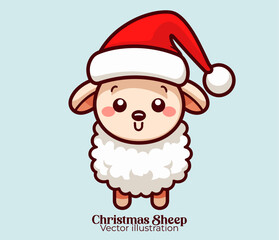 Vector cute sheep with Santa hat: A Happy winter holiday Animal Christmas cartoon character