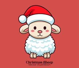 Animal Christmas cartoon character - Vector cute sheep with Santa hat celebrates Happy winter holiday