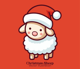 Vector cute sheep with Santa hat, the Animal Christmas cartoon character enjoys a Happy winter holiday