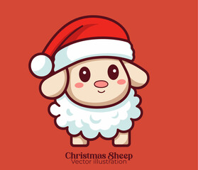 Vector cute sheep with Santa hat as an Animal Christmas cartoon character for Happy winter holiday