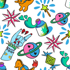 Naklejka premium compass rose, spray paint, punk hand, yinyan planet, magic and diamond in vector. pattern with subcultural object. pattern for fabric, background, print. Series of teenage patterns and icons