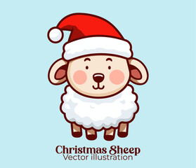 Animal Christmas cartoon character for Happy winter holiday: Vector cute sheep with Santa hat