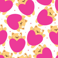 seamless pattern cartoon cat with big pink heart. cute animal wallpaper for textile, gift wrap paper