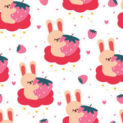 seamless pattern cartoon bunny holding a strawberry on a pink cloud. cute animal wallpaper illustration for gift wrap paper