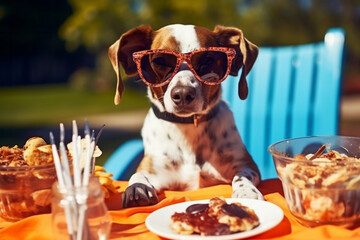 Funny white brown puppy dog in sunglasses sitting at picnic table with sweet desserts in sunny summer day. Cute animal concept