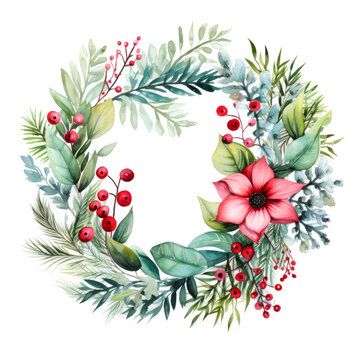 Festive green border created with watercolor poinsettia Xmas star flower and pine evergreen branches on white background
