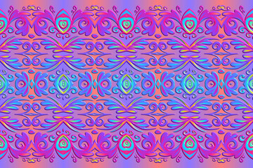 3D emboss Seamless luxurious batik ethnic dayak traditional Java indonesia with beautiful flowers line art gradient design 
 