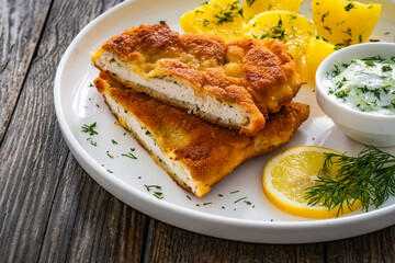 Crispy breaded seared chicken cutlet with boiled potatoes and cucumbers in cream on wooden table
