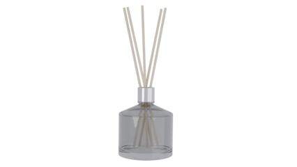 Empty glass aroma bottle with wooden sticks isolated on transparent and white background. Aroma concept. 3D render