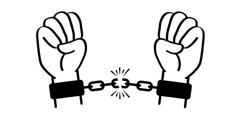 Arrest. Chain of slavery, hand in handcuffs. Broken, chained, handcuffed hands. Slave iron, prisoner, problems, convict, freedom, debt, addiction liberty, liberation, slavery or bad habits. Shackle. 