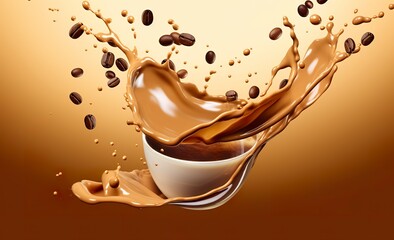 hot liquid coffee splash with Coffee Bean falling, 3d illustration.
