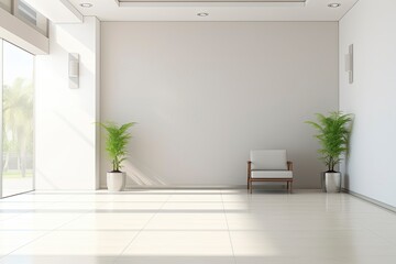 Interior design of a modern luxurious white building corridor or hallway with waiting seat. - obrazy, fototapety, plakaty
