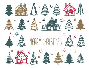 Christmas house and tree drawn illustrations	
