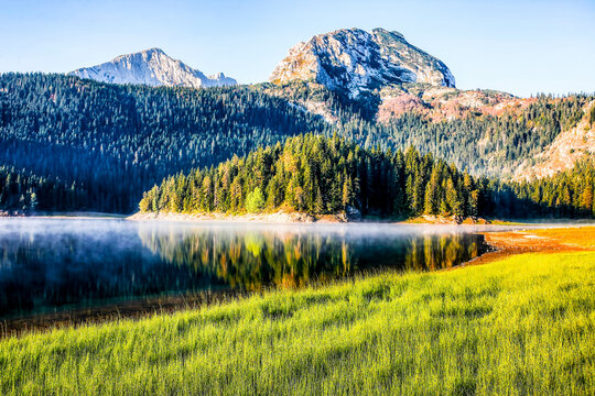 Beautifully morning on a mountain lake. HDR Image (High Dynamic Range).