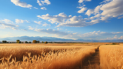 An agricultural landscape featuring endless rows of golden cornfields swaying gently in the breeze under a vast, open sky