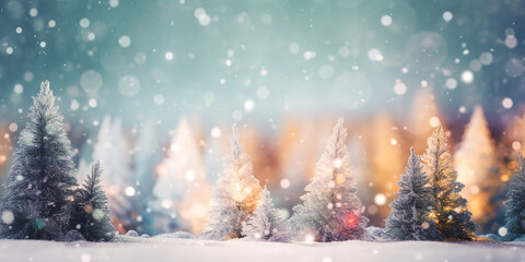 Fototapeta na wymiar Beautiful winter background image of frozen fir branches and small drifts of pure snow with Christmas bokeh lights and space for text. Banner.