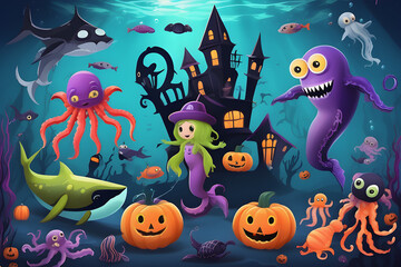 Obraz na płótnie Canvas A composition of sea creatures dressed for Halloween, underwater scene