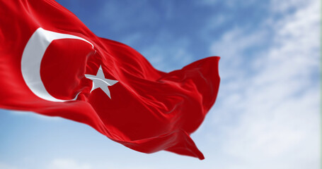 Close-up of Turkey national flag waving in the wind on a clear day