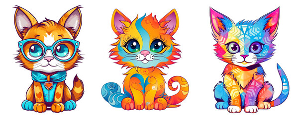 Cute cat with love heart cartoon illustration set