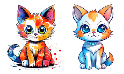 Cute cat with love heart cartoon illustration set