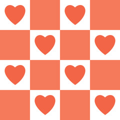 Color coral squares in a checkerboard with hearts pattern. Abstract background.Checkerboard, chessboard, seamless pattern.