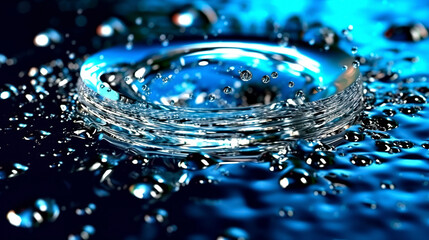 Abstract background with splashes, splashes and bubbles on the water surface with blue sky reflection.