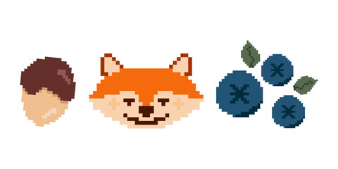 Fox, Acorn and Blueberry pixel art design illustration 